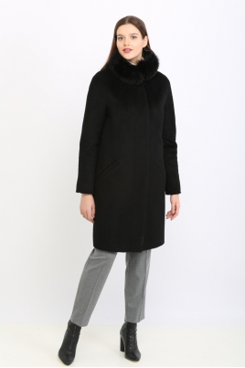 Черное женское пальто из текстиля с воротником, отделка песец